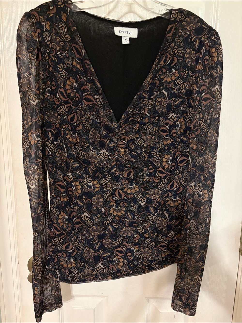 Evereve Navy Blue Floral V-Neck Sheer Long Sleeve Blouse